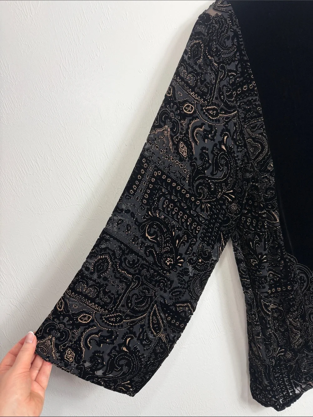 Carole Little XL Black Velvet Burnout Paisley Open Front Jacket Cardigan Vintage